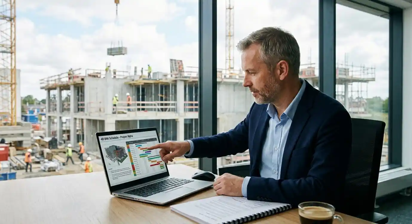 Project manager reviewing a 4D BIM schedule