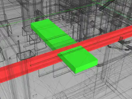 BIM Clash Detection and Coordinated BIM coordination model showing highlighted building elements with a potential clash between structural and MEP components.
