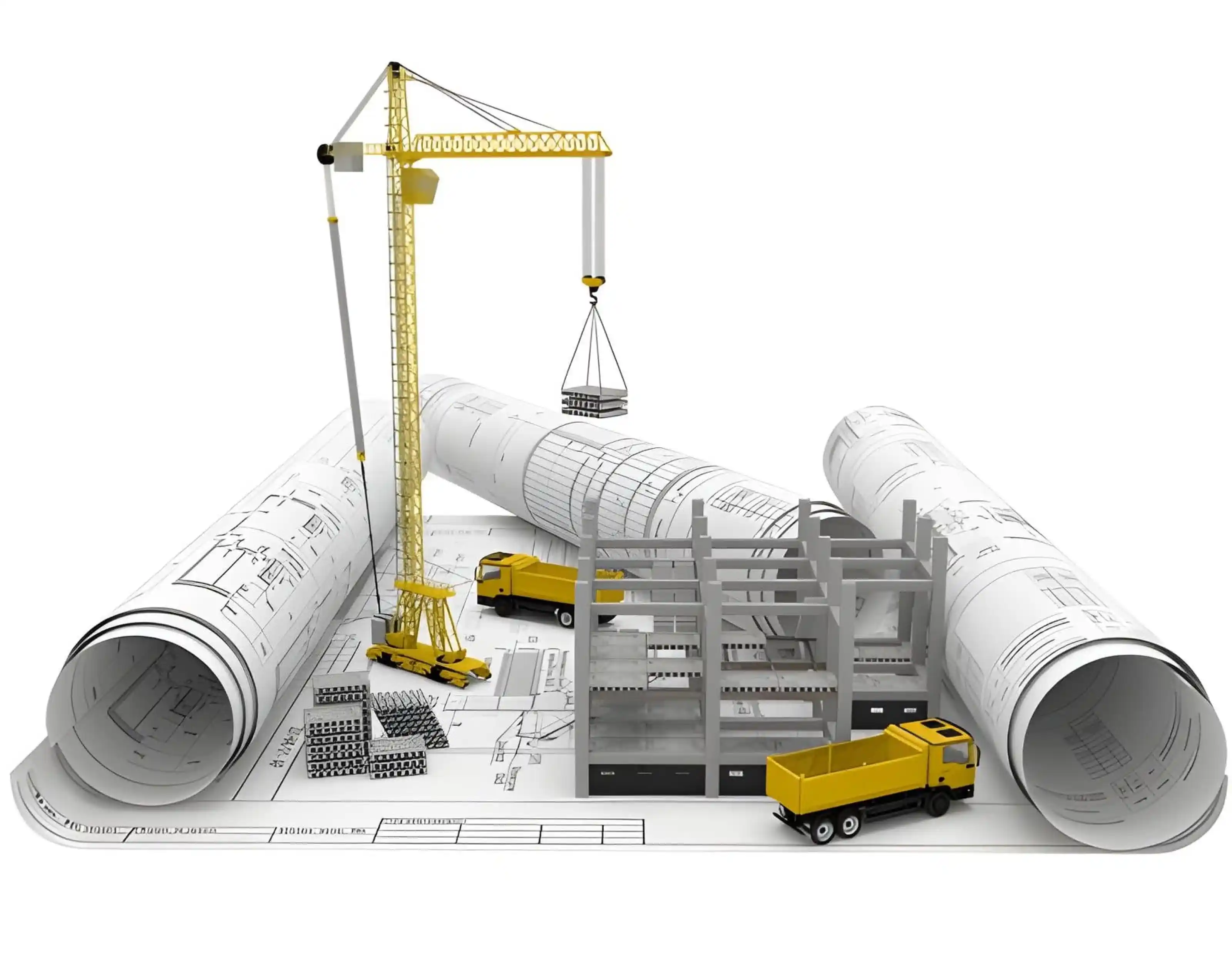 Construction BIM and CAD Engineering Concept Construction BIM and CAD engineering concept with building plans, tower crane, structural components and construction vehicles