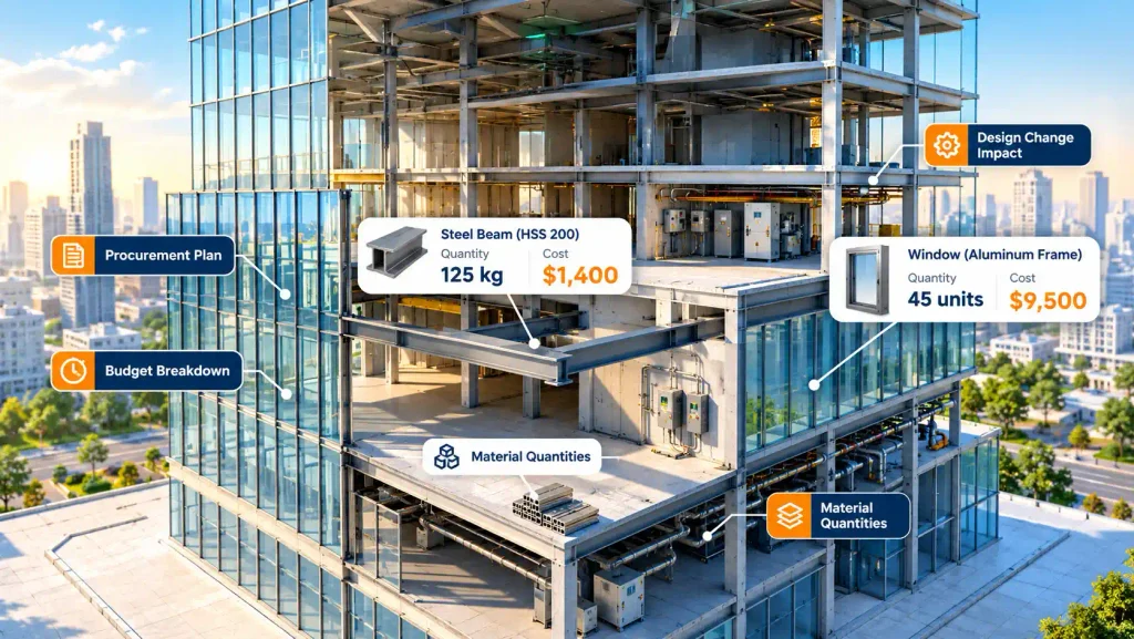 Modern commercial building cross-section displaying BIM data on material quantities and budget costs