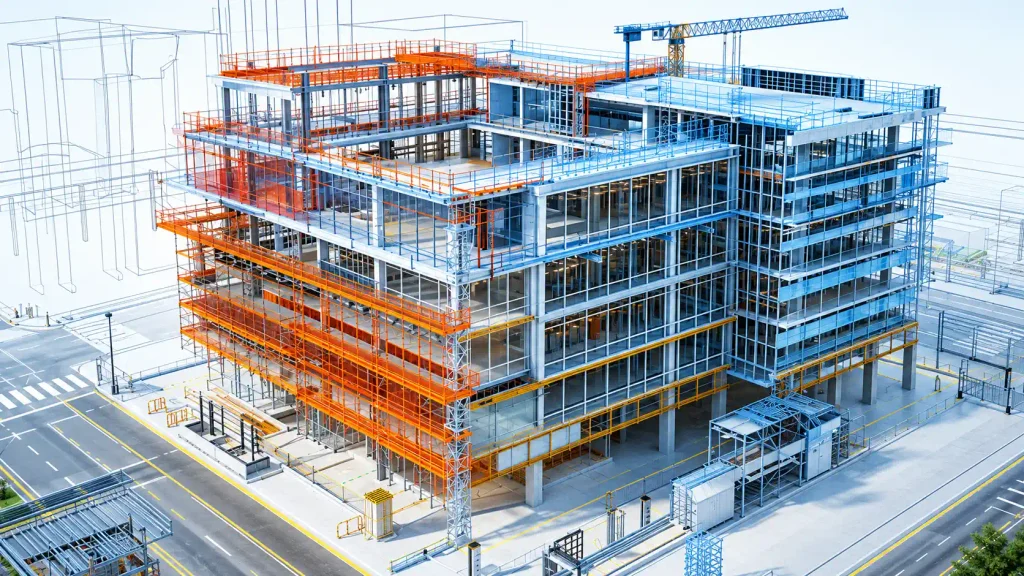 Digital 3D visualization and blueprint layout of a modern building structural framework