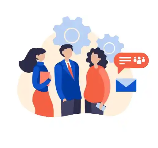 Flat illustration of three AEC professionals collaborating with gear, message, and email icons for BIM consultancy services.