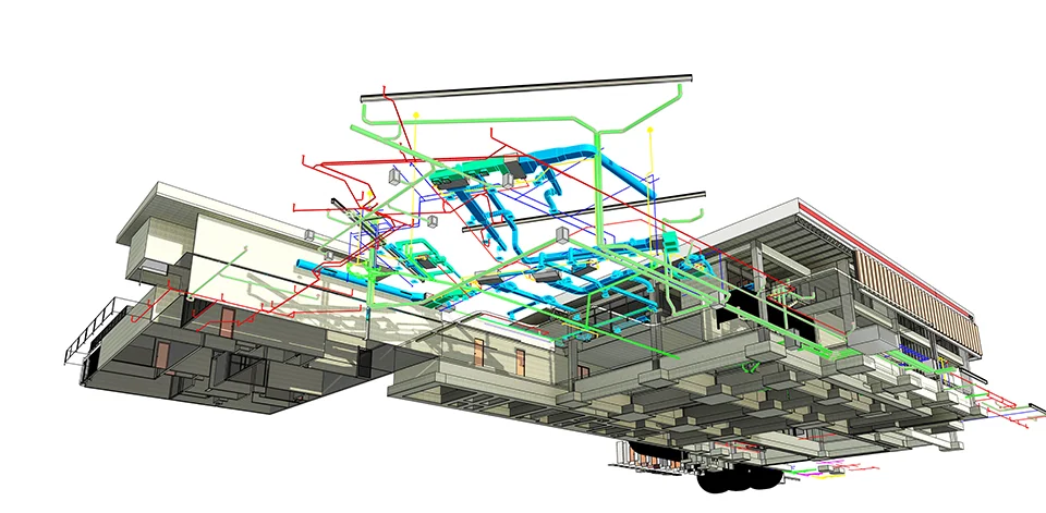 3D BIM MEP coordination model for a commercial buildingshowing integrated HVAC ductwork and piping systems.