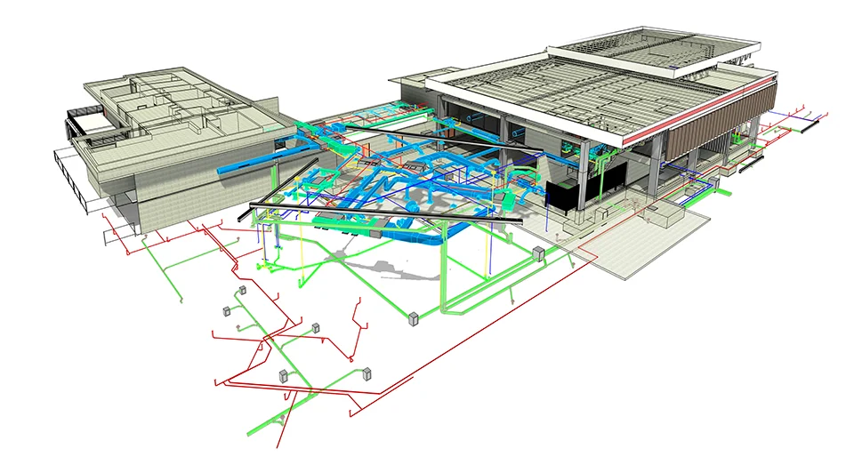 3D BIM model view of a commercial building project showing structural steel components and coordinated MEP systems.