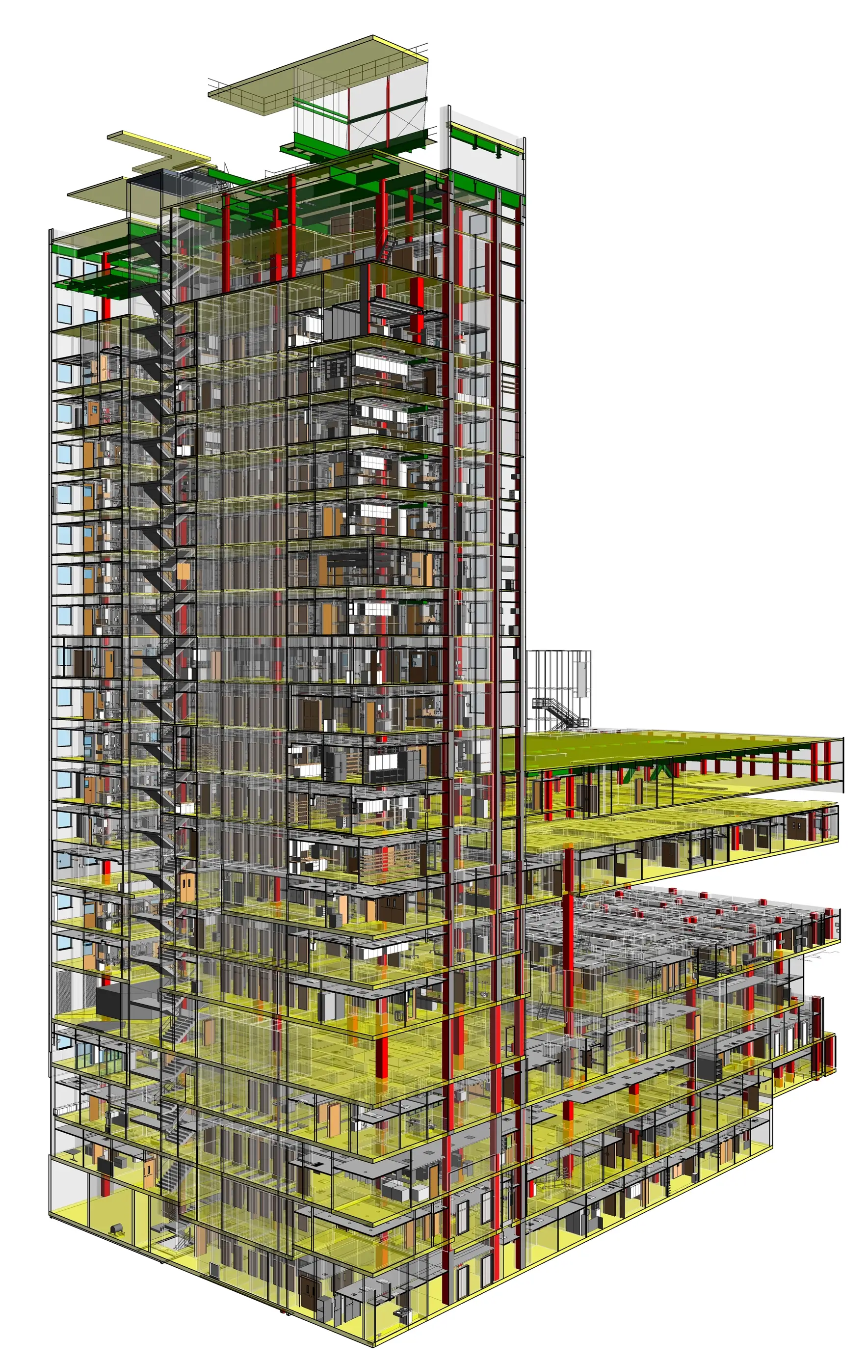Structural 3D BIM model of a hospital building showing foundation footings, reinforced columns, and floor framing.