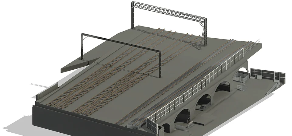 3D structural BIM model of railway tracks, overhead line gantries, and arched viaduct infrastructure.
