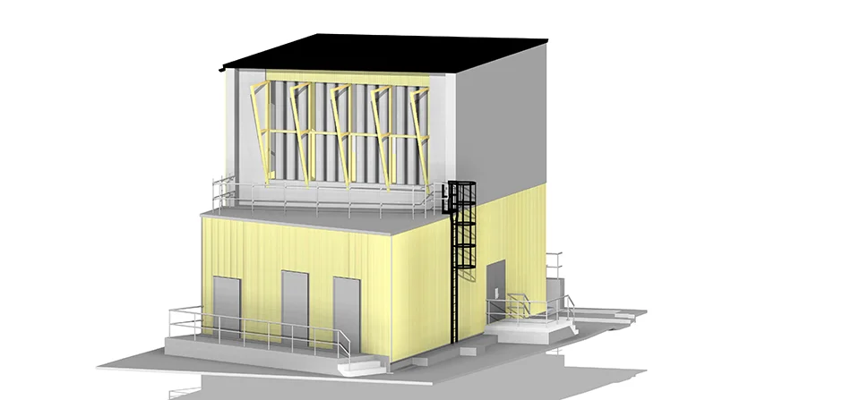 3D architectural BIM model of an industrial facility featuring yellow cladding, safety railings, and caged ladder access.