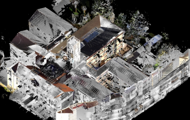 Point cloud data of a community centre detailing exterior massing, pitched roof structures, and inner courtyards.