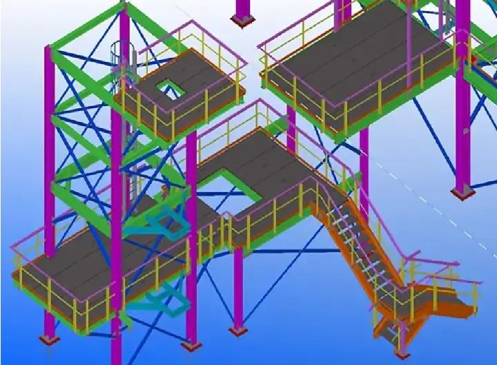 3D structural steel detailing model of an industrial plant featuring complex steel framing, grating platforms, and handrails.