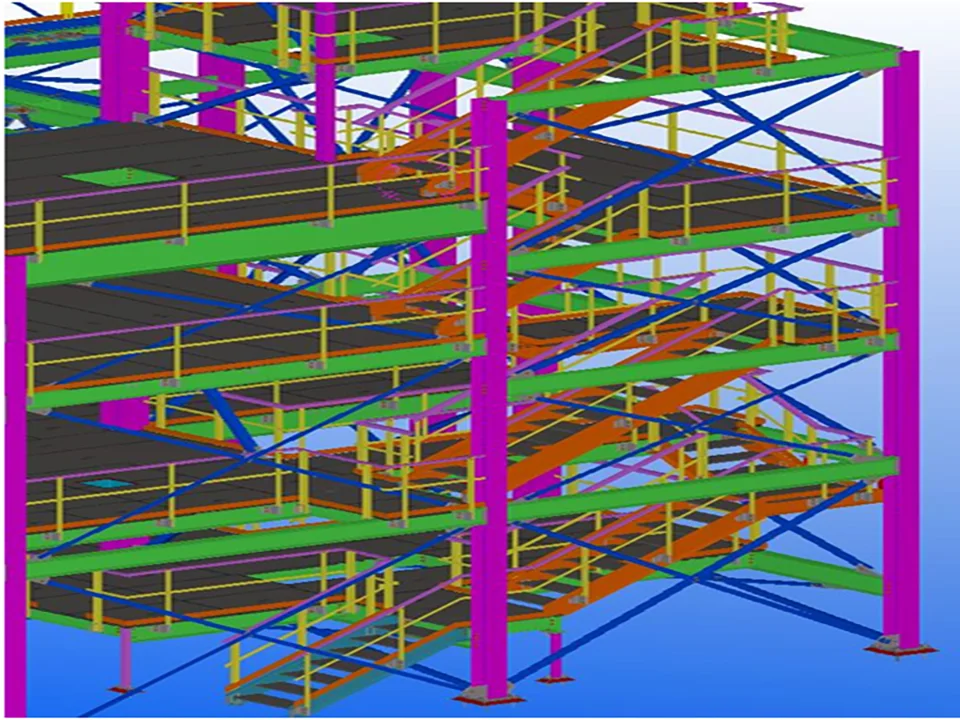 Isometric 3D structural steel detailing of a granulation plant highlighting heavy-duty trusses, bracing, and support columns.