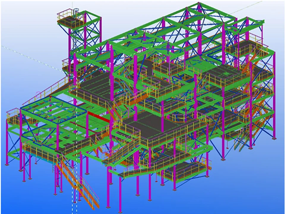 Detailed 3D structural steel model of an industrial granulation plant showing braced frames, platforms, and stair towers.